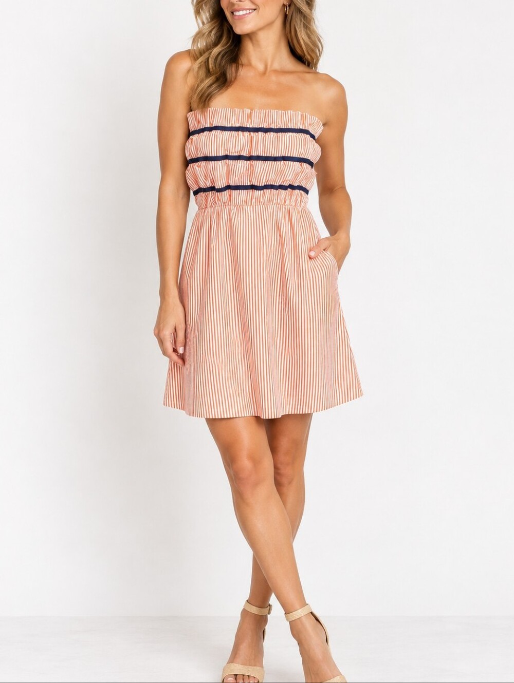 JUDITH MARCH Orange Stripe Ruffle Strapless Dress Large